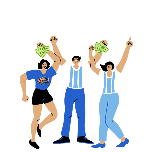 Three jubilant people with money in hand, symbolizing the 70% increase in brand awareness achieved through effective social media strategies.