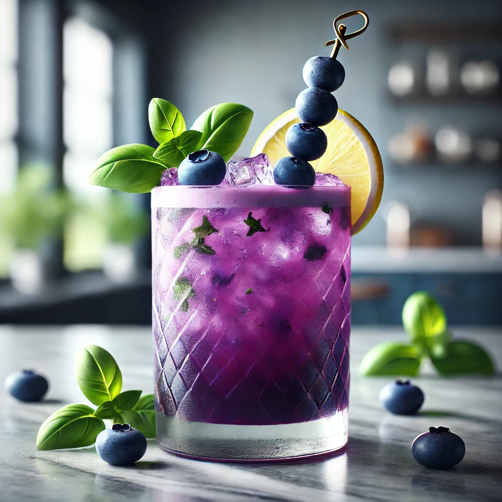 A Blueberry Basil Lemonade mocktail in a tall, textured glass with a vibrant purple hue, garnished with fresh blueberries on a skewer, a basil sprig, and a lemon wheel, placed on a marble counter