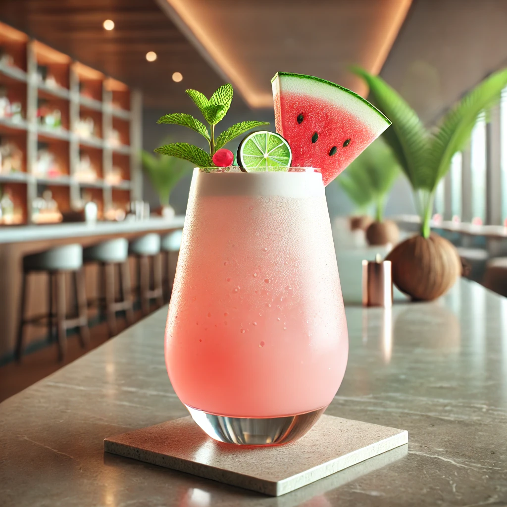 A Coconut Watermelon Refresher mocktail in a tall, curved glass, with a light pink hue, garnished with a watermelon slice, mint sprig, and lime twist, on a polished marble counter against a blurred tropical background