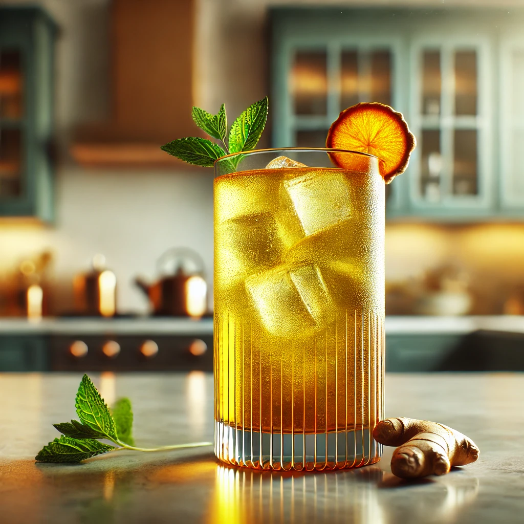 A vibrant Ginger Turmeric Tonic mocktail in an elegant modern glass, featuring a golden hue and garnished with a slice of candied ginger and a mint sprig, positioned on a sleek marble countertop with a softly blurred background.