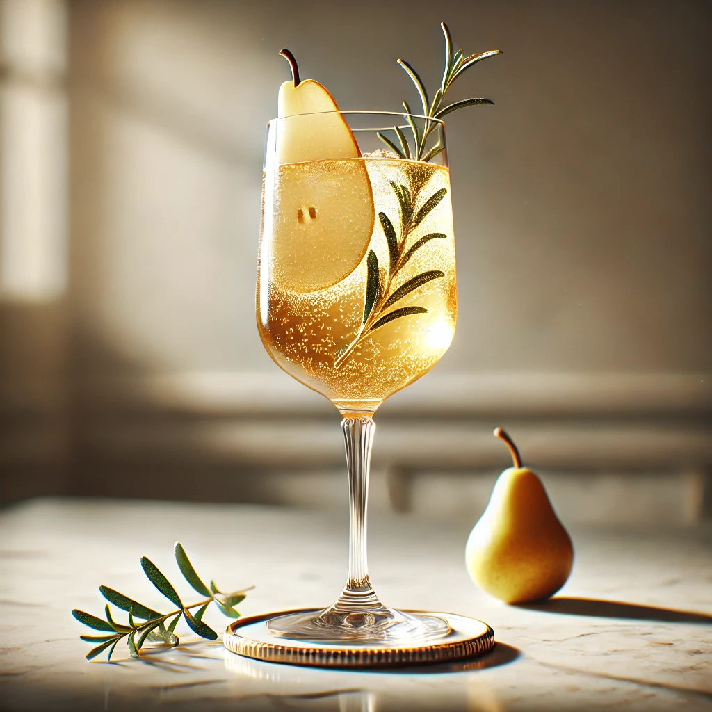 "An Italian Orchard Spritz mocktail in a slightly fluted glass with a light golden color, garnished with a subtle pear slice and rosemary sprig, positioned on a marble counter with a warm Italian-inspired kitchen background.