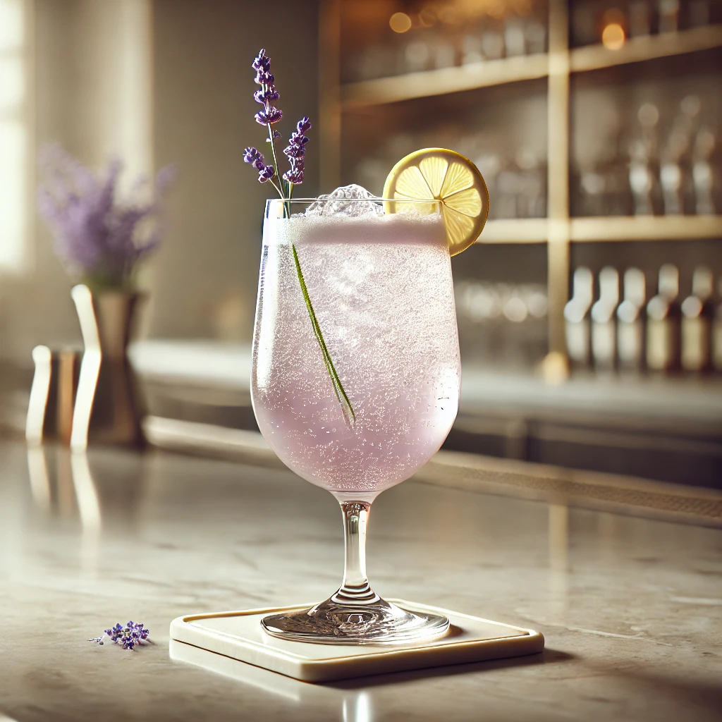 A Lavender Lemonade Fizz mocktail in a tall, curved glass with a pale lavender hue and sparkling bubbles, garnished with fresh lavender and a lemon wheel, on a marble countertop with a softly blurred bar backdrop.