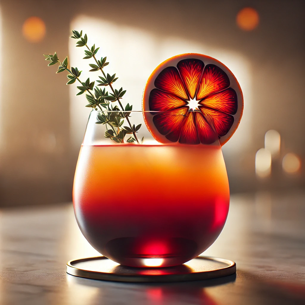 A Mediterranean Sunset mocktail in a modern, curved glass with a gradient of orange and pomegranate hues, garnished with a blood orange slice and thyme sprig, set on a marble counter with a Mediterranean-inspired background.