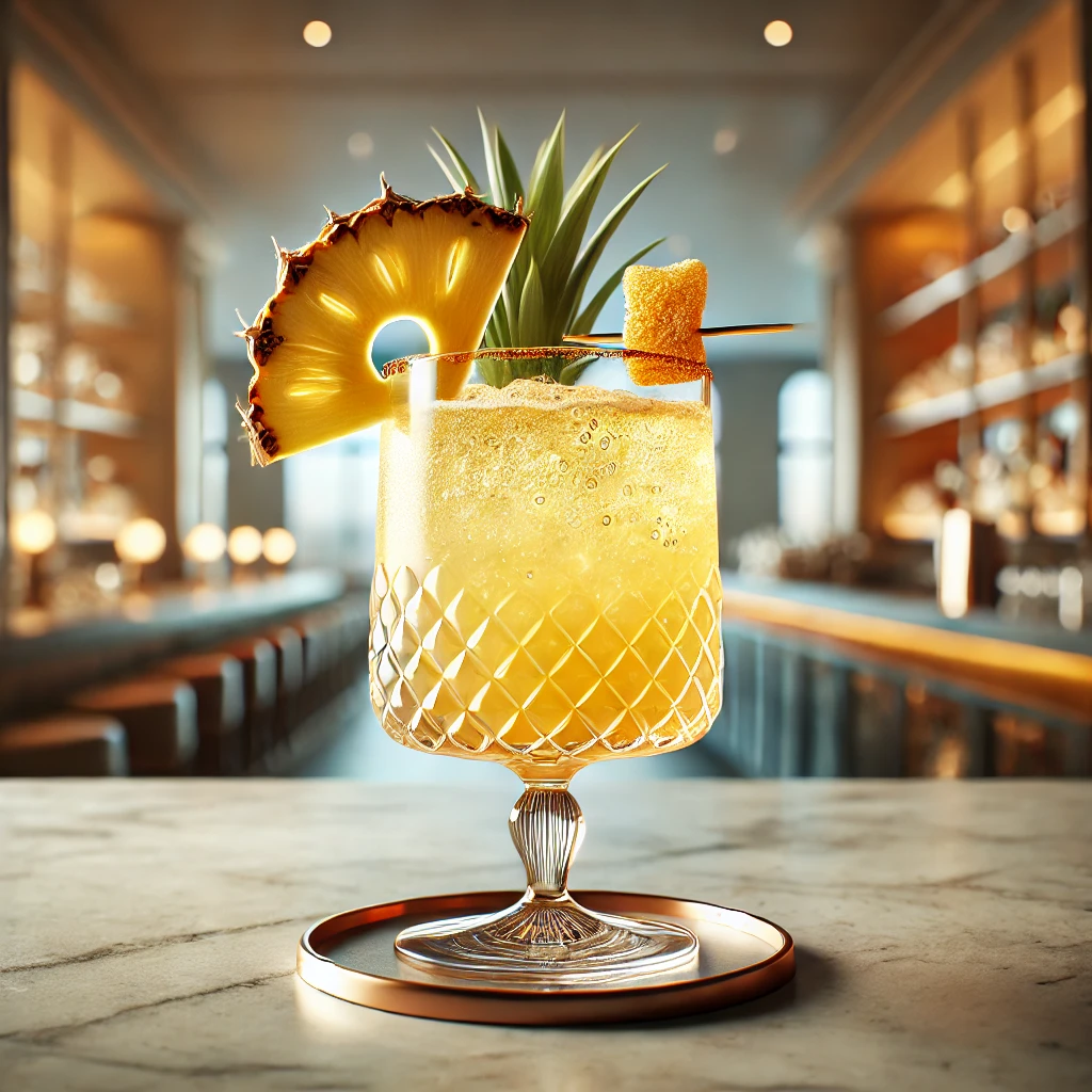 A Pineapple Ginger Fizz mocktail in a clear cylindrical glass with a golden hue, garnished with a pineapple wedge and candied ginger, on a marble countertop with a blurred bar setting in the background