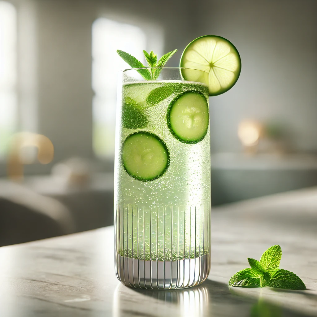 A photorealistic Cucumber Mint Sparkler mocktail in a tall, curved glass, garnished with fresh cucumber slices, mint leaves, and a lime wedge, placed on a polished marble countertop with a blurred background.